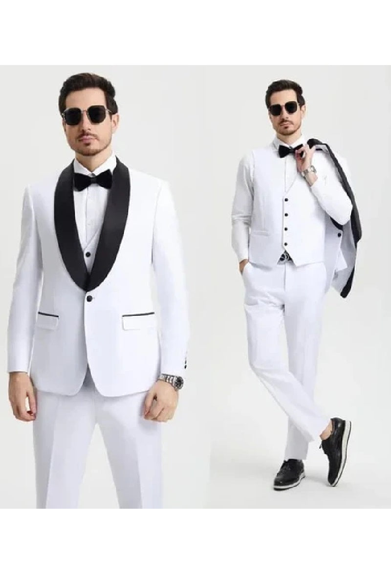 Stacy Adams 3pc Tuxedo Shawl Lapel, Snow White - 38 Short Jacket+32 Waist Adjustable 28to34)(Height: 5 4 to5 7 )(Neck 15-16.5)S-M)