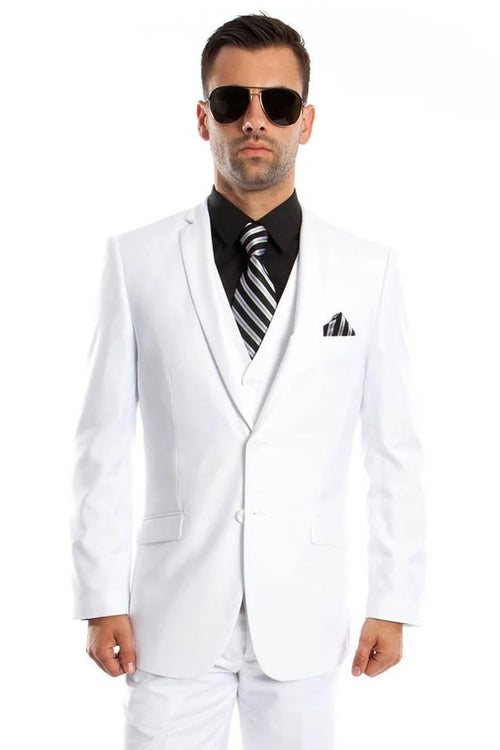 Cheap Priced Suit - Men's Two Button Slim Fit Basic Vested Wedding White Suit