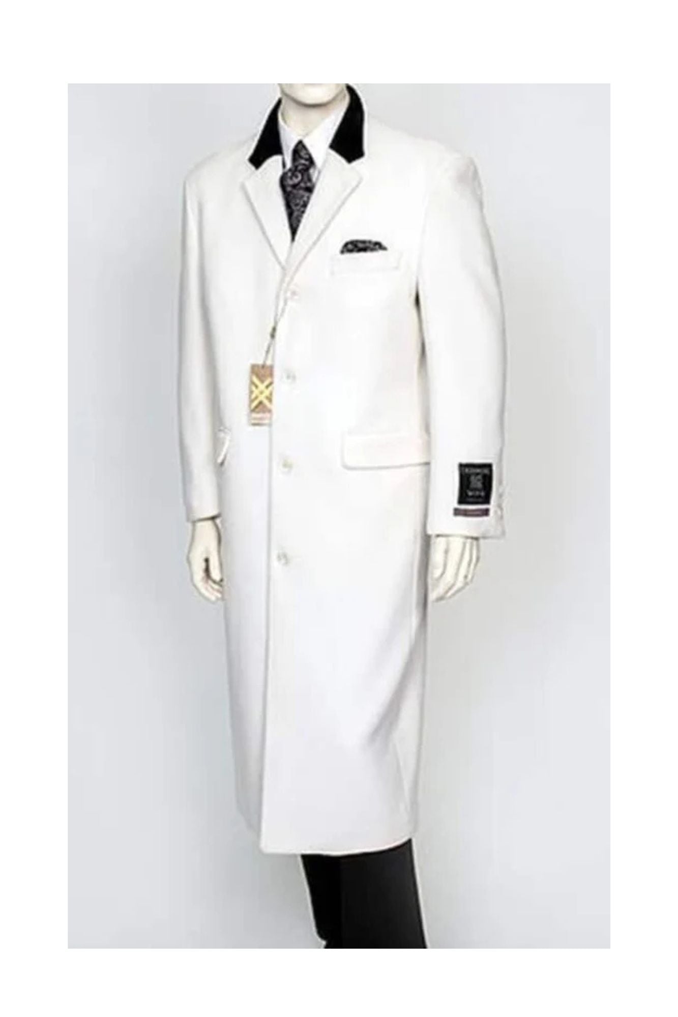 Wool/Cashmere White With Black Velvet Notch Collar men's Overcoat - Coat Size 38