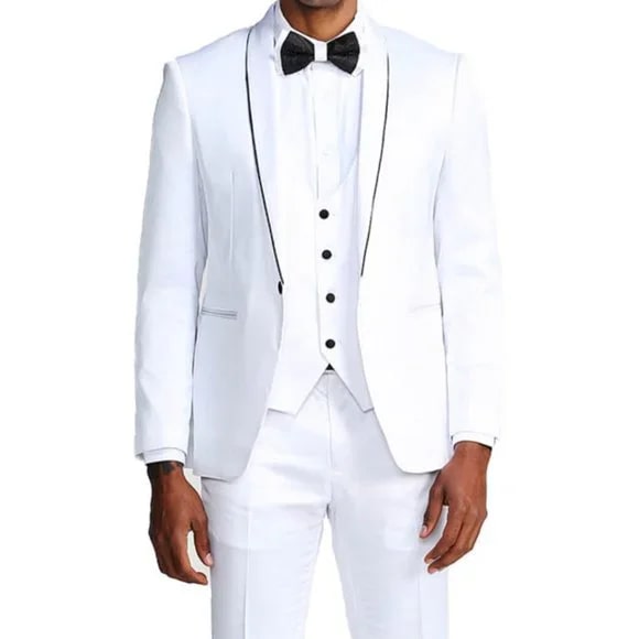 White Tuxedo Suit w/ Bowtie 3-Piece by Tazio - 38 Short Jacket+32 Waist Adjustable 28to34)(Height: 5 4 to5 7 )(Neck 15-16.5)S-M)