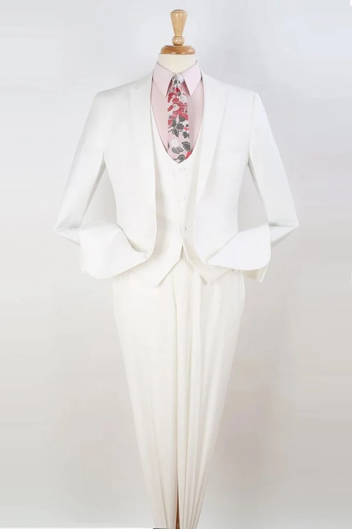 Cheap Priced Suit- Mens One Button Slim Fit Vested Peak Lapel Skinny White Suit - 38 Short Jacket+32 Waist Adjustable 28to34)(Height: 5 4 to5 7 )(Neck 15-16.5)S-M)