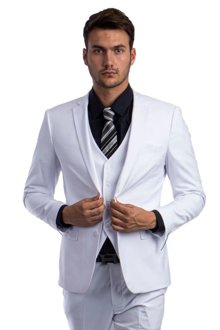 Men's Suit Two Button Slim Fit Vested Solid Basic Color White 38 Short Jacket+32 Waist Adjustable 28to34)(Height: 5 4 to5 7 )(Neck 15-16.5)S-M)