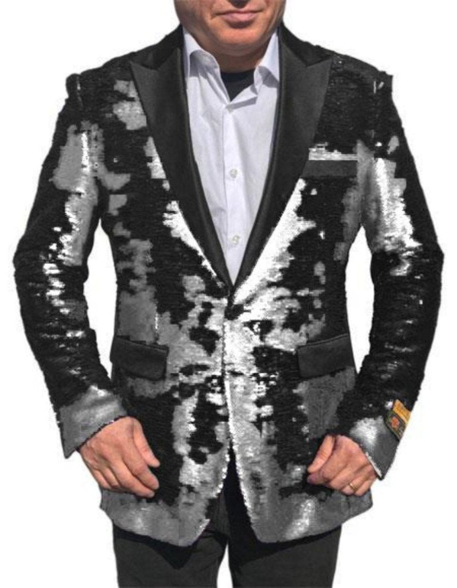 Fashion White Shiny Sequin Tuxedo Black Lapel Paisley Look Sport Jacket ~ Coat - S