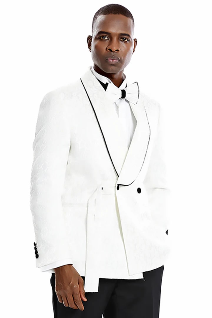 Cheap priced Suit - Men's Slim Fit Double Breasted Smoking Jacket Prom 2025 & Wedding White Tuxedo Paisley - 38 Short Jacket+32 Waist Adjustable 28to34)(Height: 5 4 to5 7 )(Neck 15-16.5)S-M)