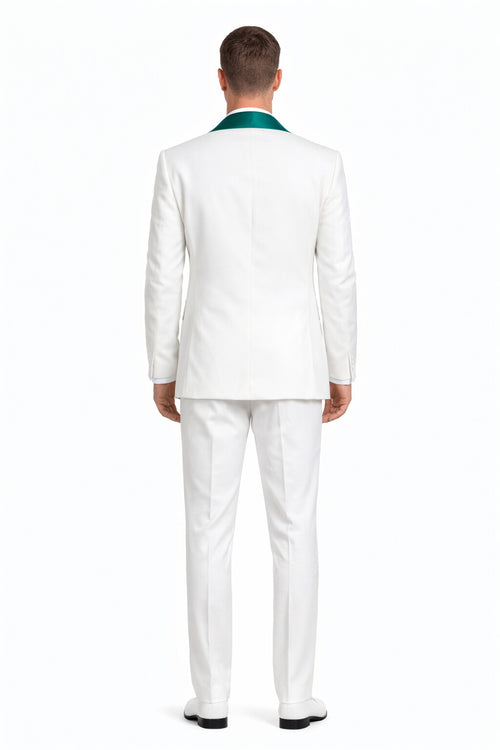 White and Teal Blue Lapel Tuxedo With Vest and Pants - Wedding Groom Suit