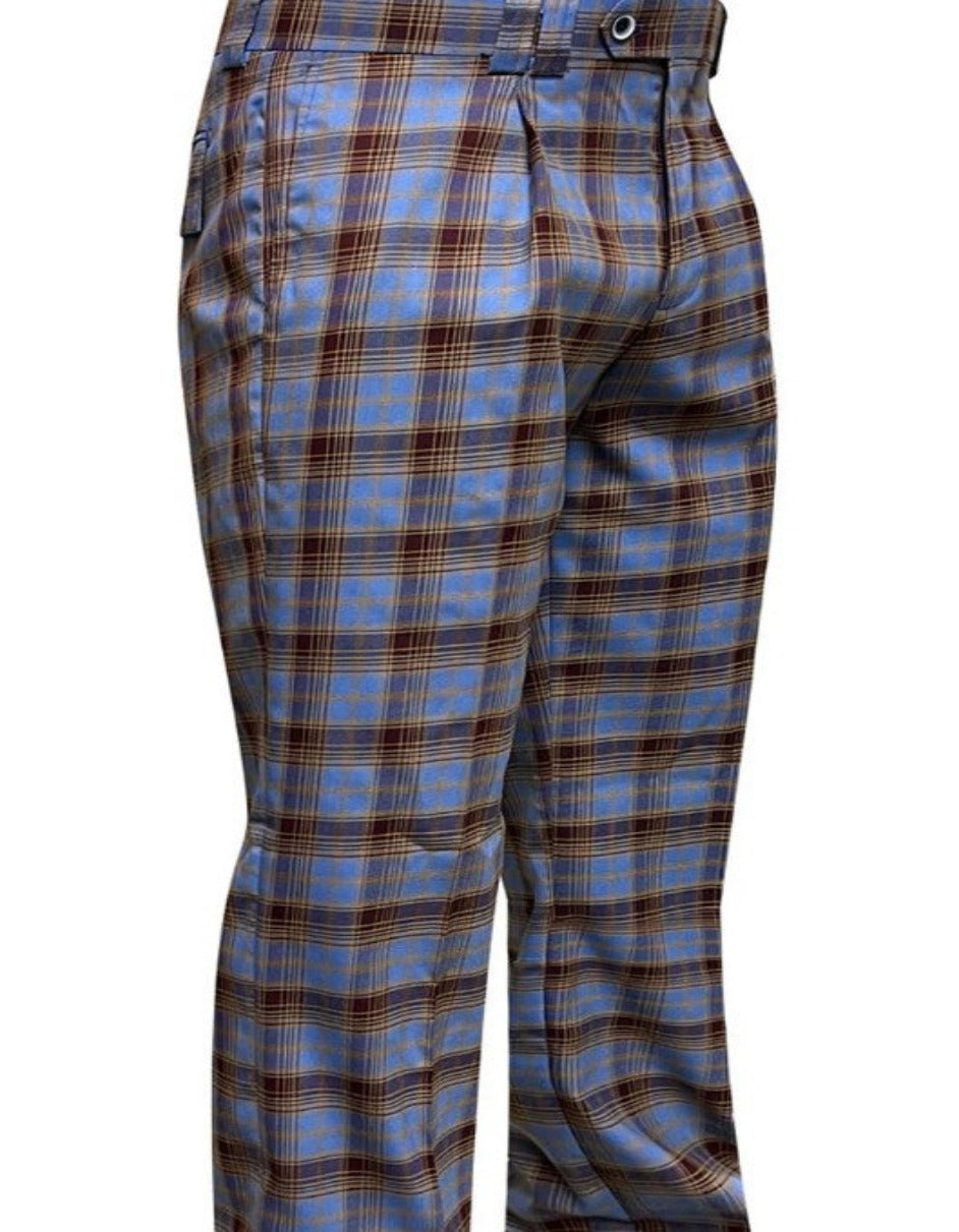 dress Mens Designer Wool Pleated Wide Leg Dress Pants in Blue and Brown Plaid dress Mens Designer Wool Pleated Wide Leg Dress Pants in Blue and Brown Plaid