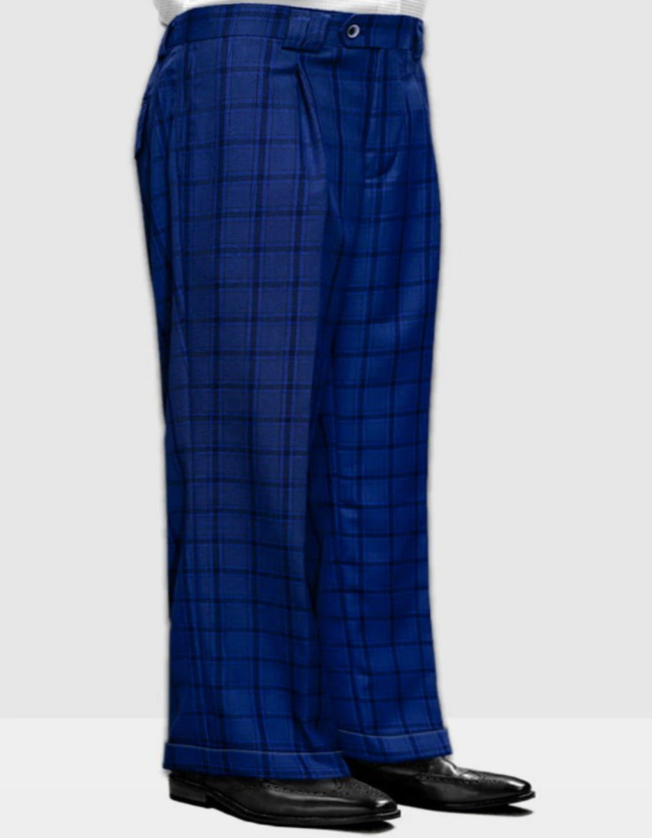 dress Mens Designer Wool Pleated Wide Leg Dress Pants in Sapphire Blue Plaid