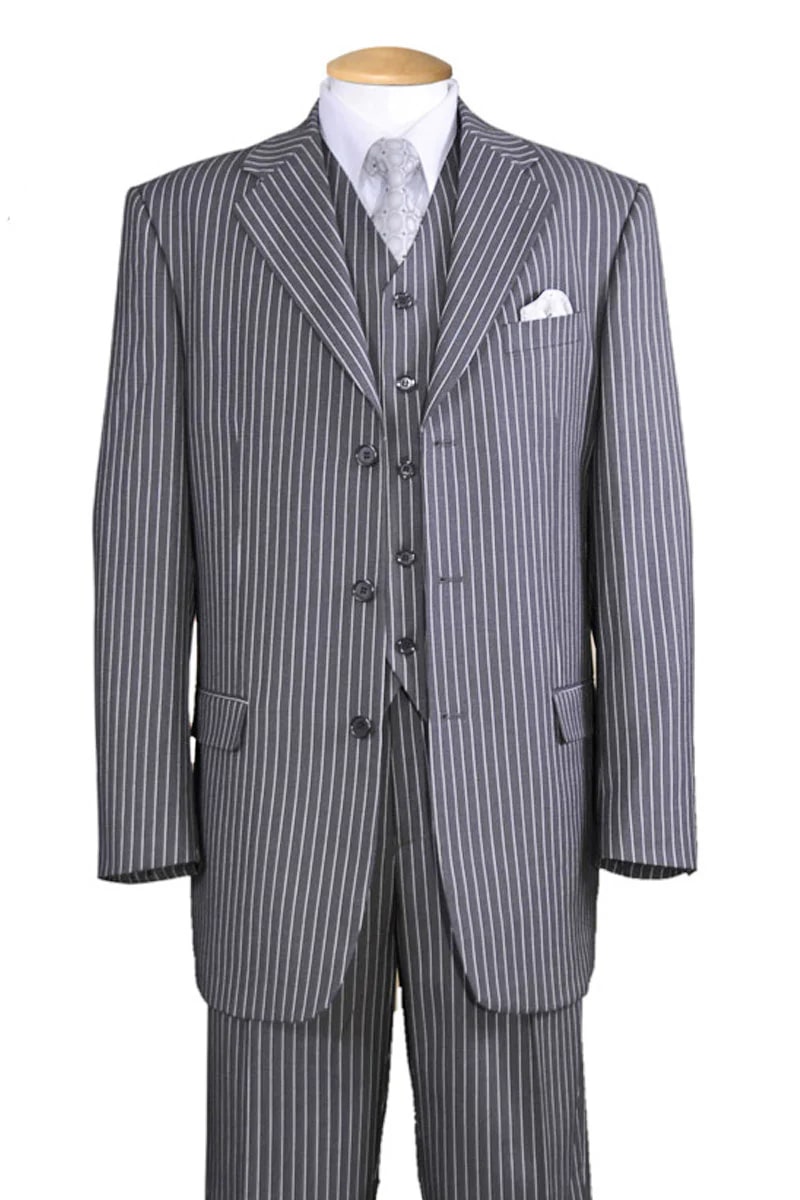 Mens Vested 3 Button 1920's Bold Gangster Chalk Pinstripe Suit in Grey - 38 Short Jacket+32 Waist Adjustable 28to34)(Height: 5 4 to5 7 )(Neck 15-16.5)S-M)