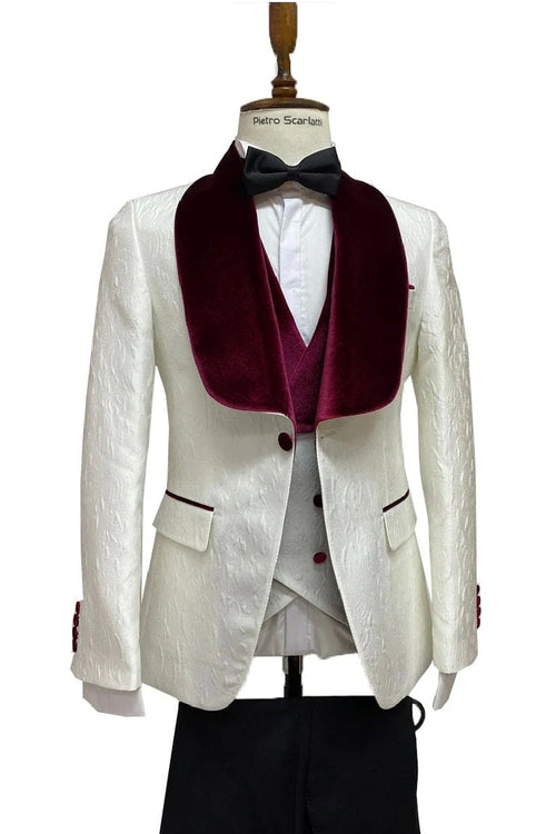 Mens Vested Designer Wide Velvet Shawl Ivory and Black Tuxedo
