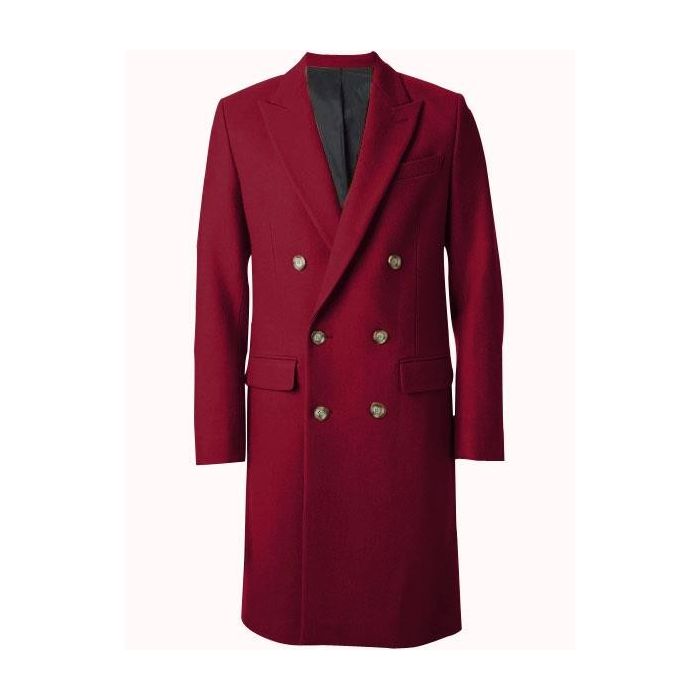 Mens Overcoat Double Breasted Top Coat Wide Peak Lapel six buttons Burgundy Coat