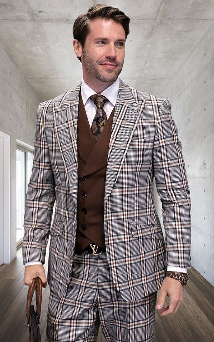 Tan Plaid Suit - Camel Khaki Color Windowpane Pattern Suit - Wool Suit - Double Breasted Vest Peak Lapel Side Vented Modern Fit - Coat Size 38