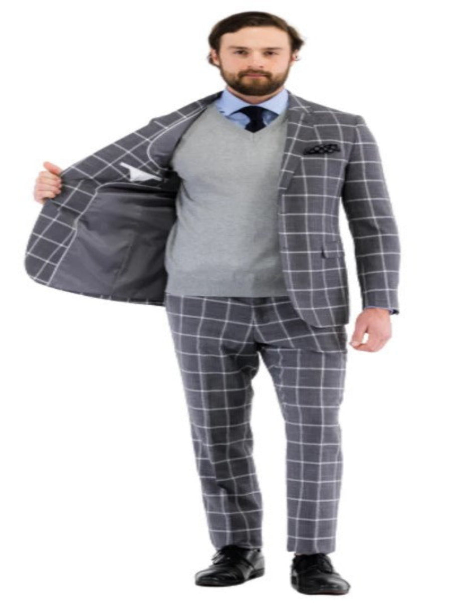 Mens Plaid Suit - Windowpane Pattern With Vest - Business Suit Grey - Coat Size 38