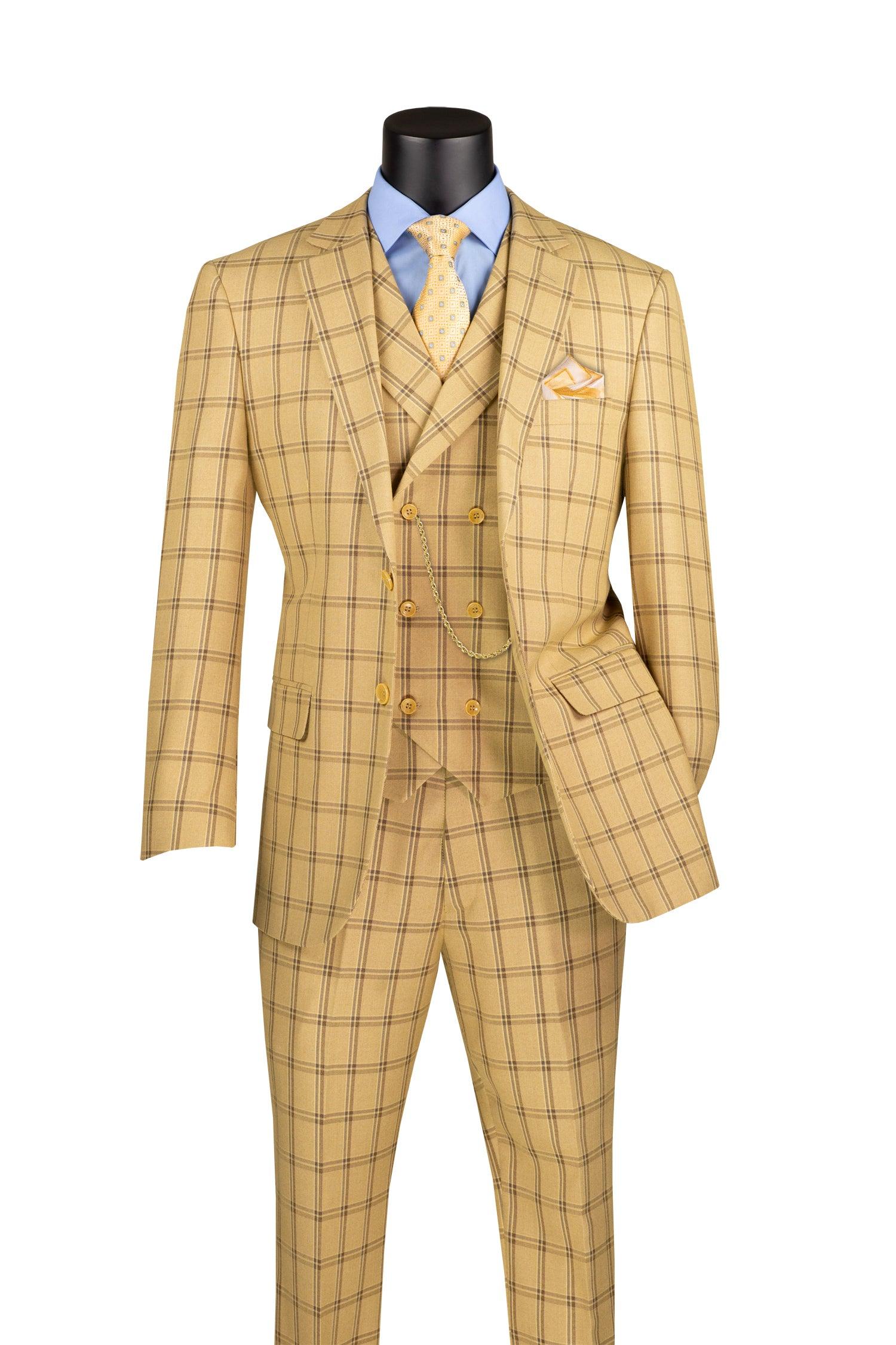 La Scale Collection-Windowpane Three Piece Suit - Tan - 36 Short - 30 Waist