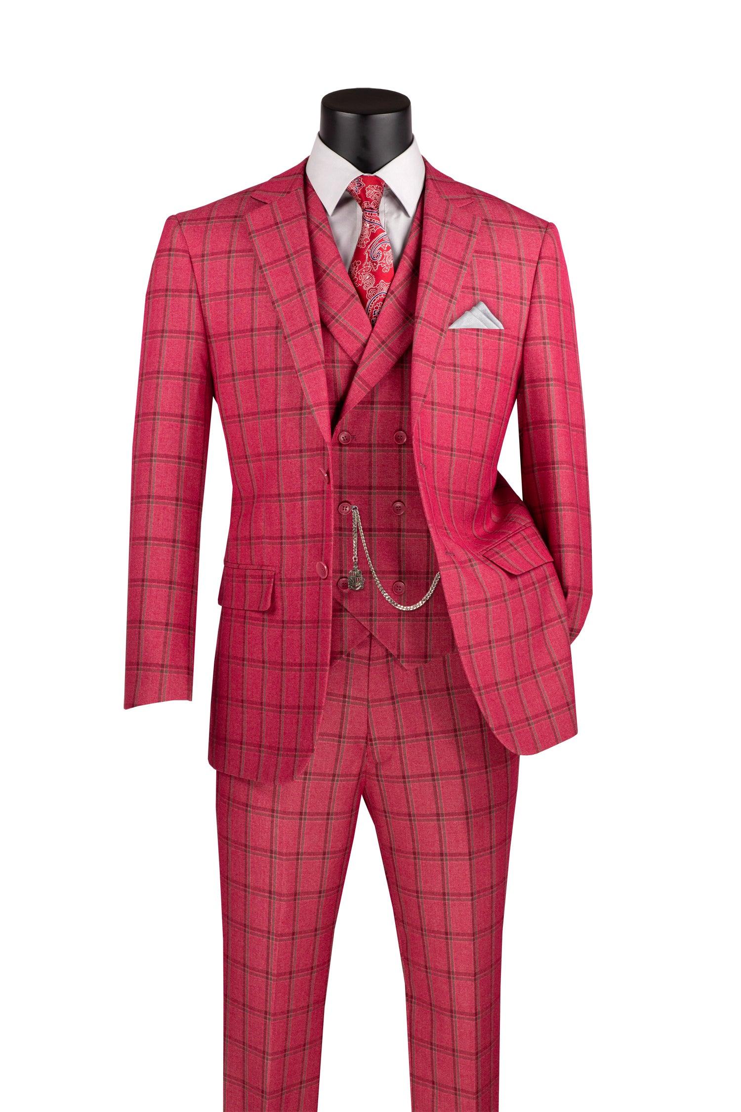 La Scale Collection-Windowpane Three Piece Suit, Raspberry - 36 Short - 30 Waist