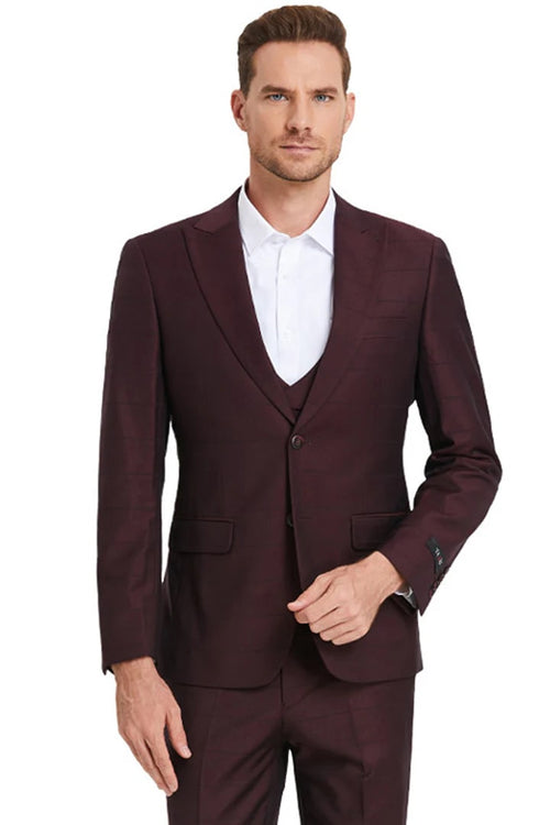 Cheap priced Suit- Men's Two Button Vested Peak Lapel Sharkskin Burgundy Suit Windowpane Plaid