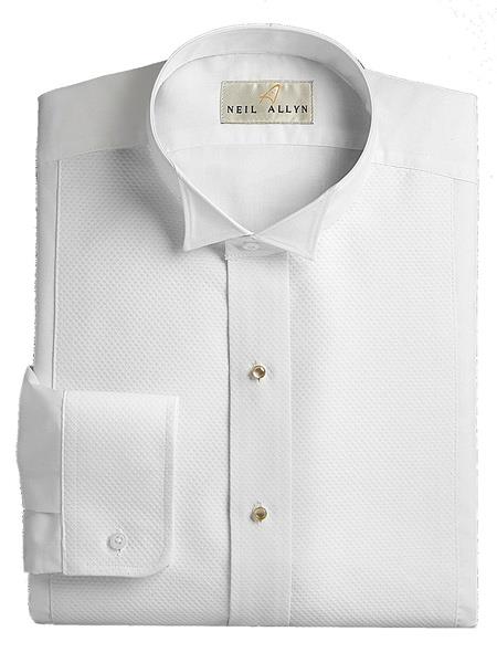 Men's White Wing Tip Collared Pique Front Dress Tuxedo Shirt