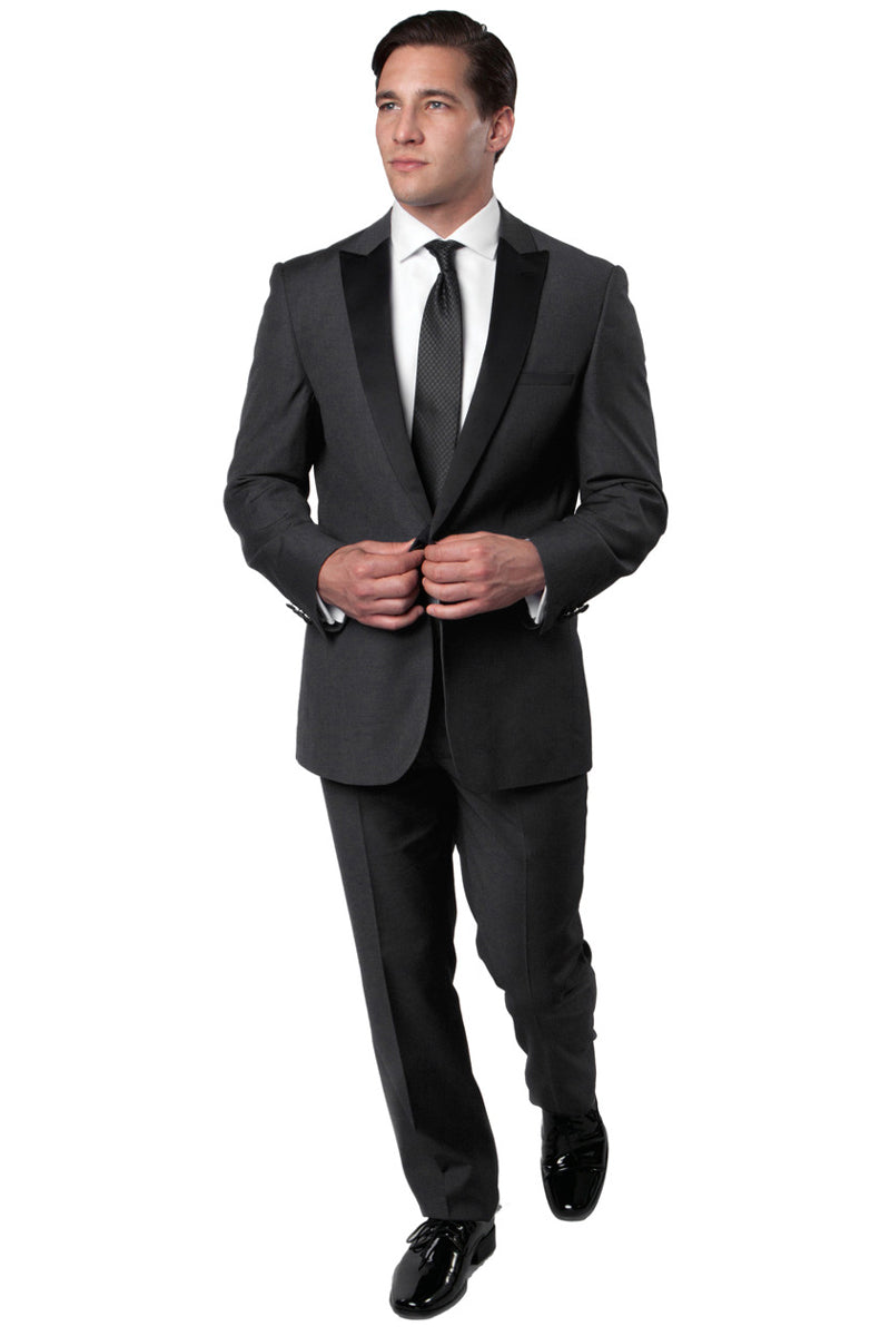 "Charcoal Grey Men's Slim Fit Wedding Tuxedo with One Button Peak Lapel" - 34 Short