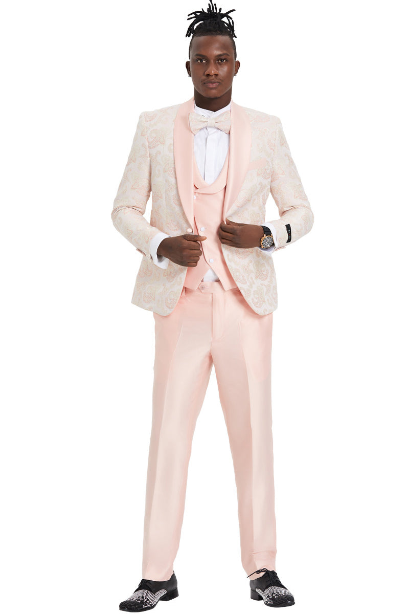 "Men's Pink Paisley Prom 2025 Tuxedo - One Button Vested Shawl Lapel" - 34 Short