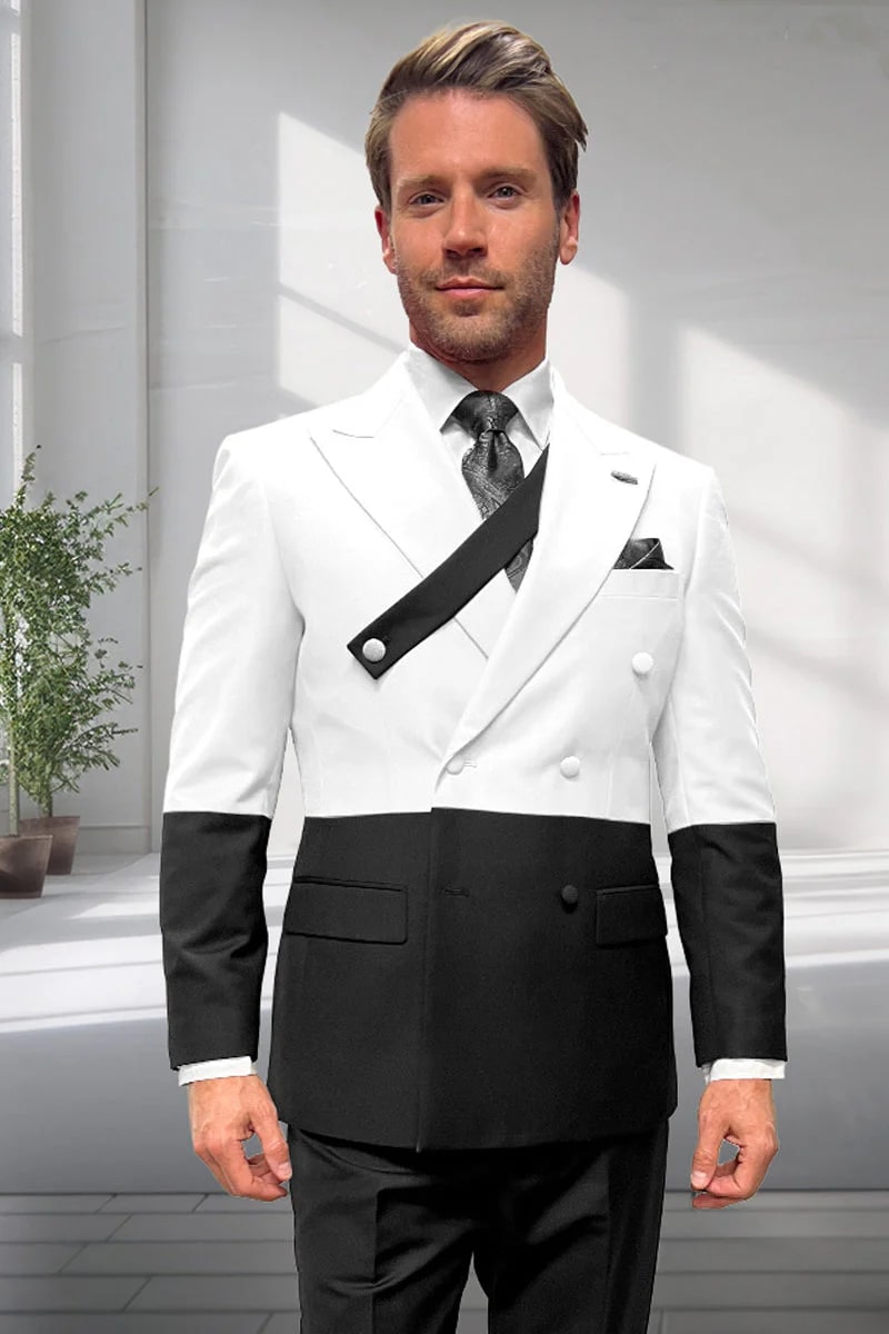 Mens Designer Double Breasted Suit – Wool Two Tone Black and White Style - 34 Short or Extra Small
