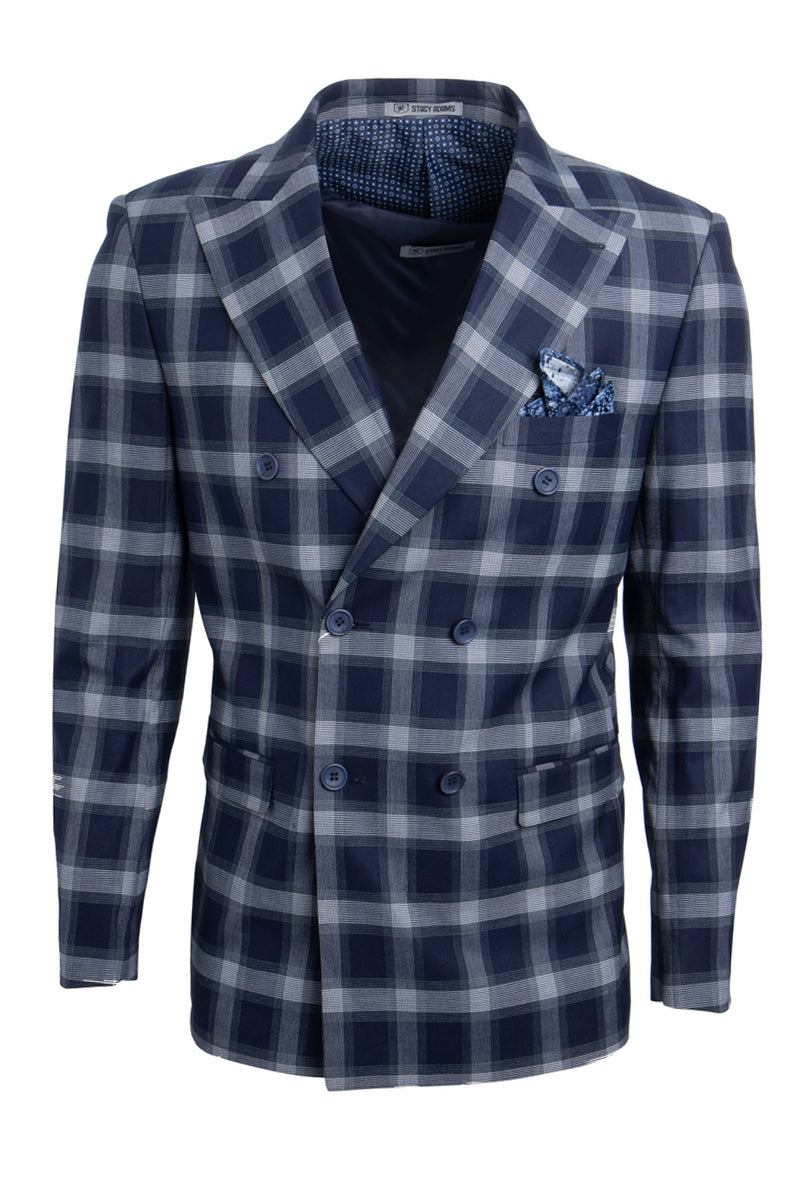 "Stacy Adams Men's Double Breasted Navy Plaid Suit"