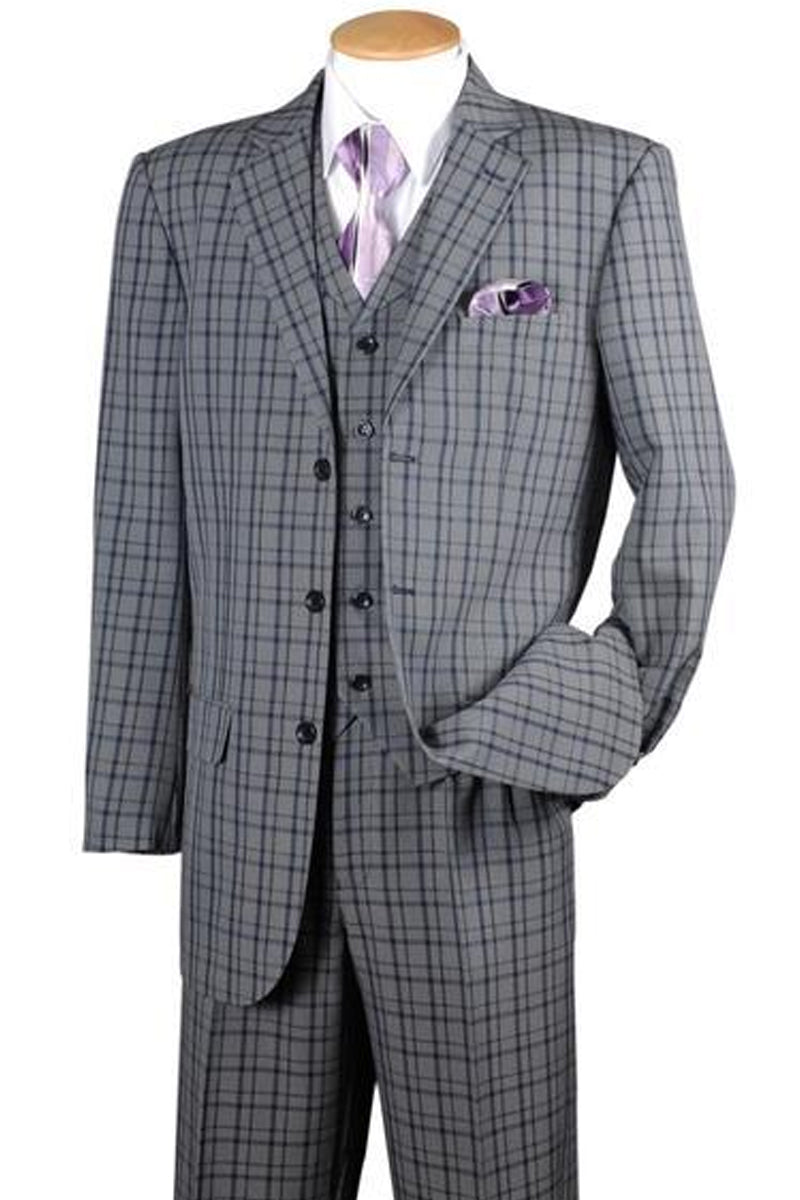"Black Windowpane Plaid Fashion Suit - Men's 3-Button Vested" - 38 Long