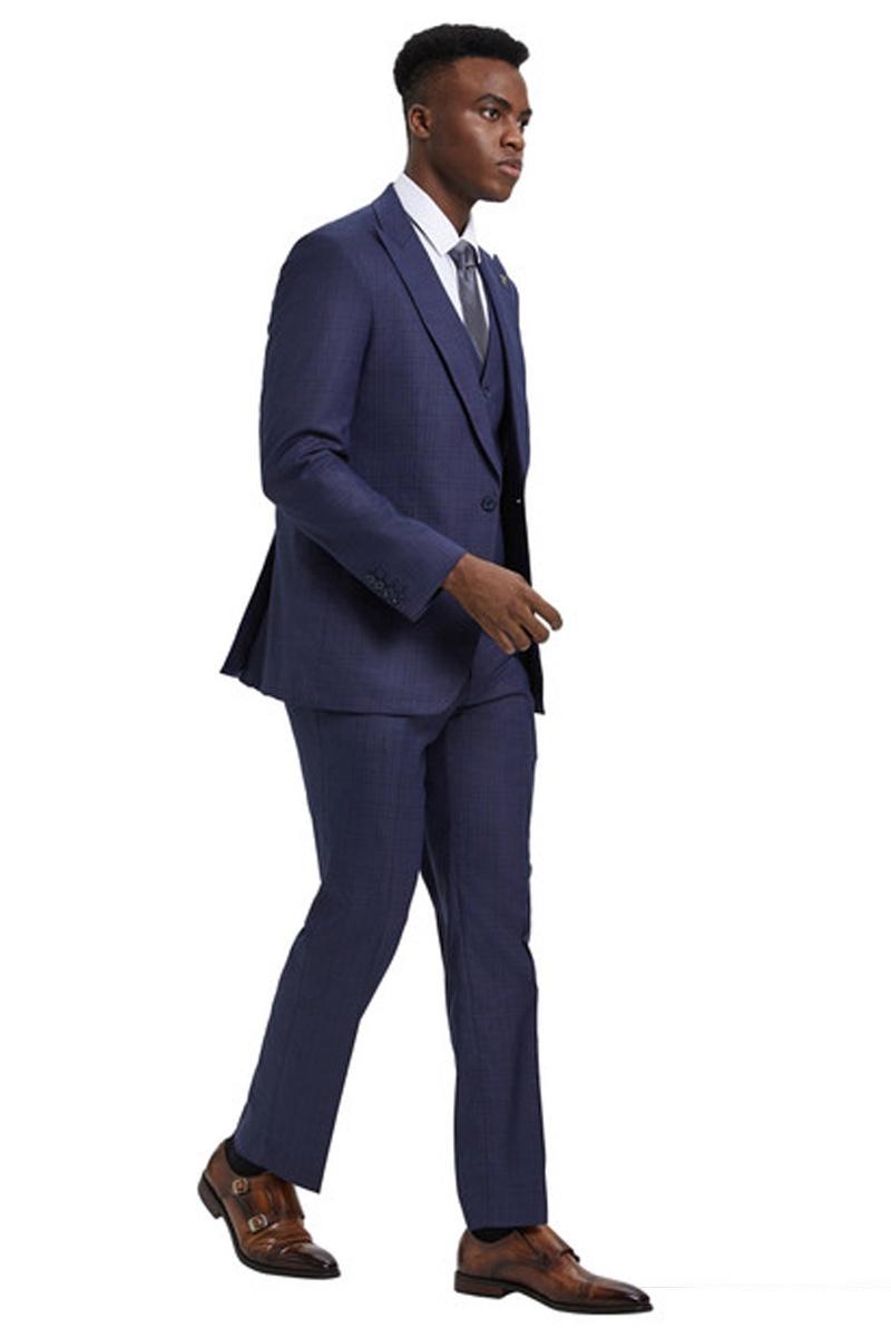Men's Stacy Adams Vested One Button Wide Peak Lapel Windowpane Plaid Suit in Eggplant Purple - 38 Regular