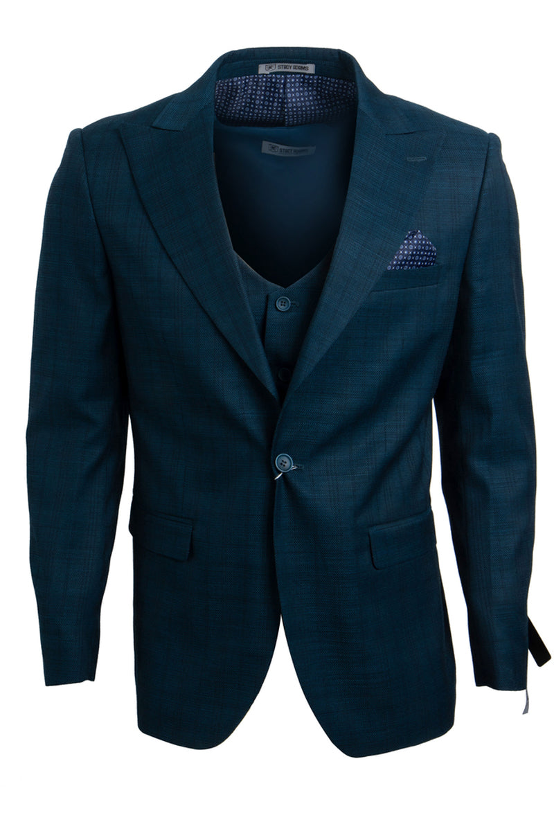 "Mens Stacy Adams Suit - Stacy Adams Suit Men's Glen Plaid Suit - One Button Vested Peak Lapel in Blue & Green" - 34 Regular