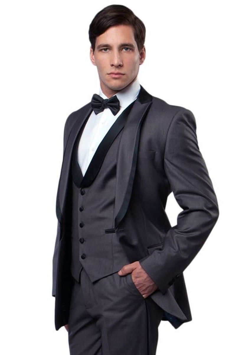"Charcoal Grey Men's Fancy Tuxedo with Satin Trim - One Button Peak Lapel Vested" - 34 Short