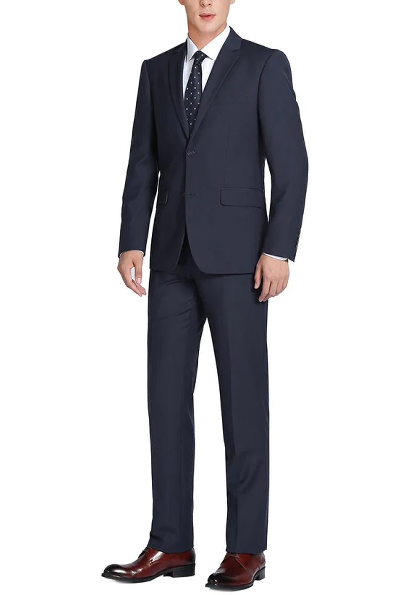 "Navy Blue Slim Fit Wool Suit for Men - Basic Two Button with Optional Vest" - 34 Short