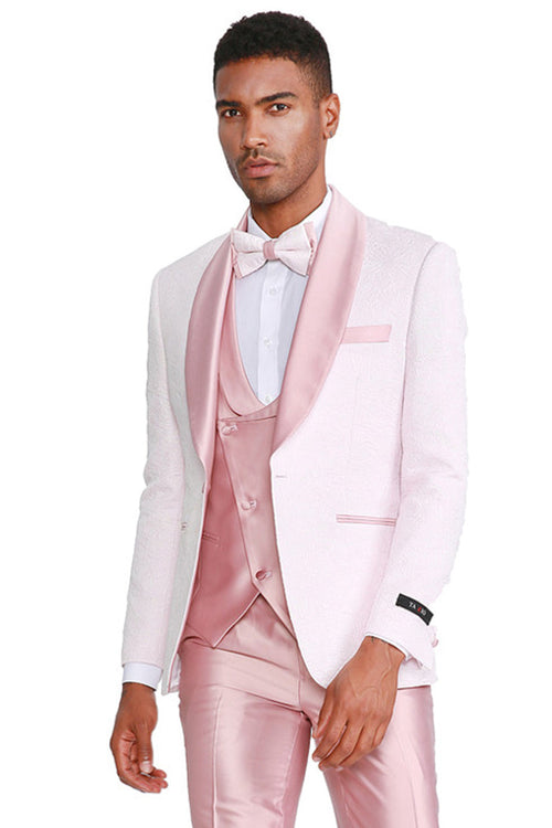 "Pink Paisley Men's Tuxedo with Satin Vest - One Button Prom 2026 & Wedding Suit"