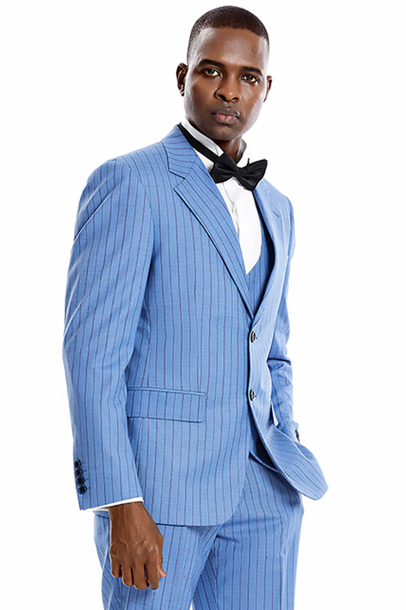 "Vintage Style Men's Pinstripe Suit - Two Button, Wide Notch Lapel, Smoke Blue" - 34 Short