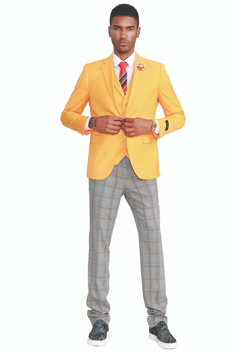 "Canary Yellow Men's Summer Suit with Two Button Vest & Plaid Pants"