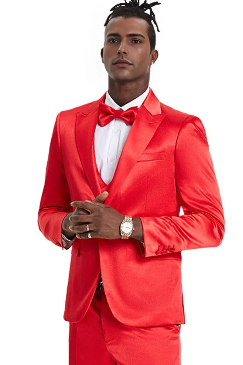 "Red Men's Sharkskin Satin Prom 2026 & Wedding Suit - One Button Vested"