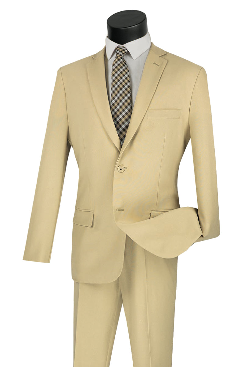 Mens Basic 2 Button Classic Fit Poplin Suit in Beige - 36 Short