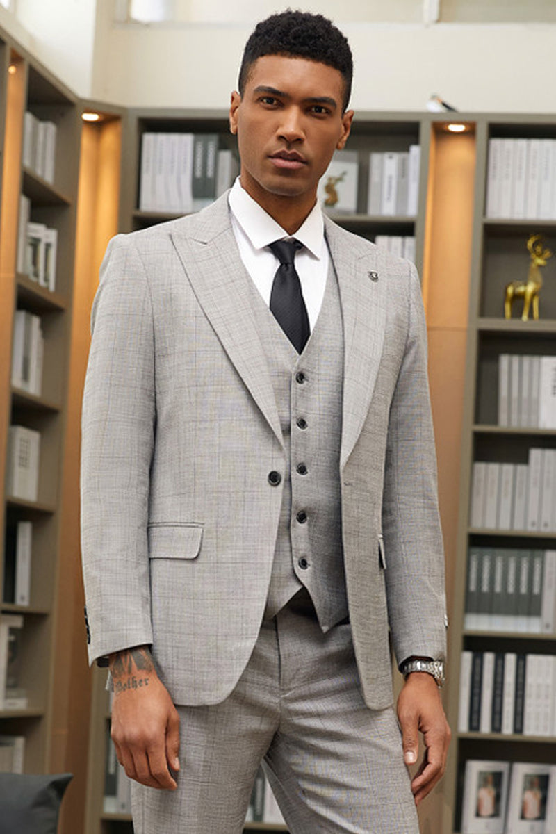 "Mens Stacy Adams Suit-Stacy Adam's Suit Men's Grey Windowpane Plaid Suit - One Button, Peak Lapel, Vested" - 34 Short