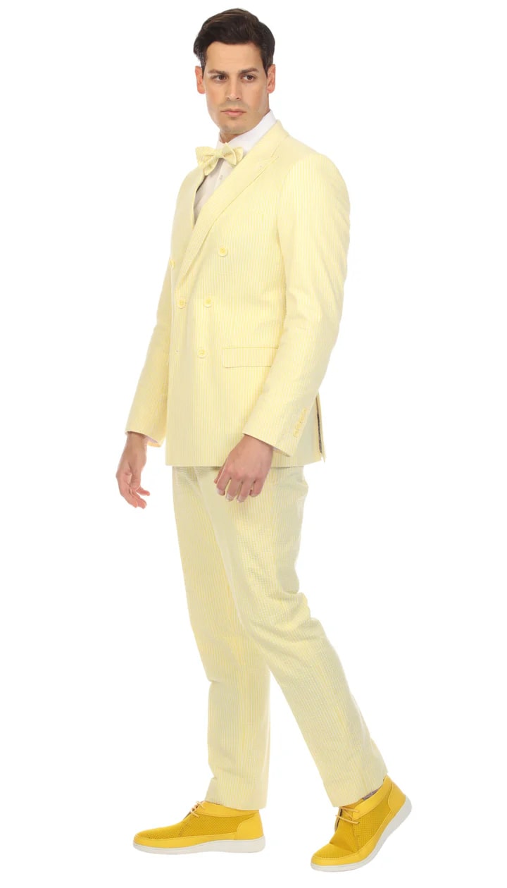 Ferrecci Cotton Slim Fit Yellow Notch Lapel 2 Button Seersucker Suit Vest Optional - 38 Short Jacket+32 Waist Adjustable 28to34)(Height: 5 4 to5 7 )(Neck 15-16.5)S-M)