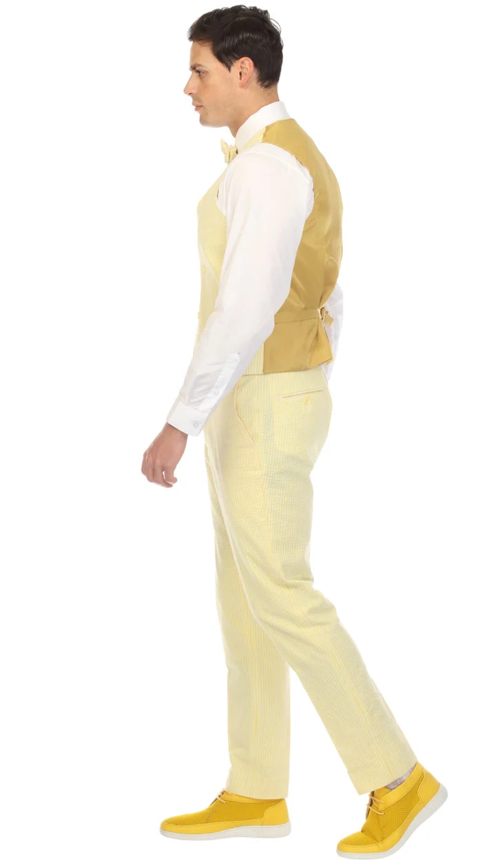 Ferrecci Cotton Slim Fit Yellow Notch Lapel 2 Button Seersucker Suit Vest Optional - 38 Short Jacket+32 Waist Adjustable 28to34)(Height: 5 4 to5 7 )(Neck 15-16.5)S-M)