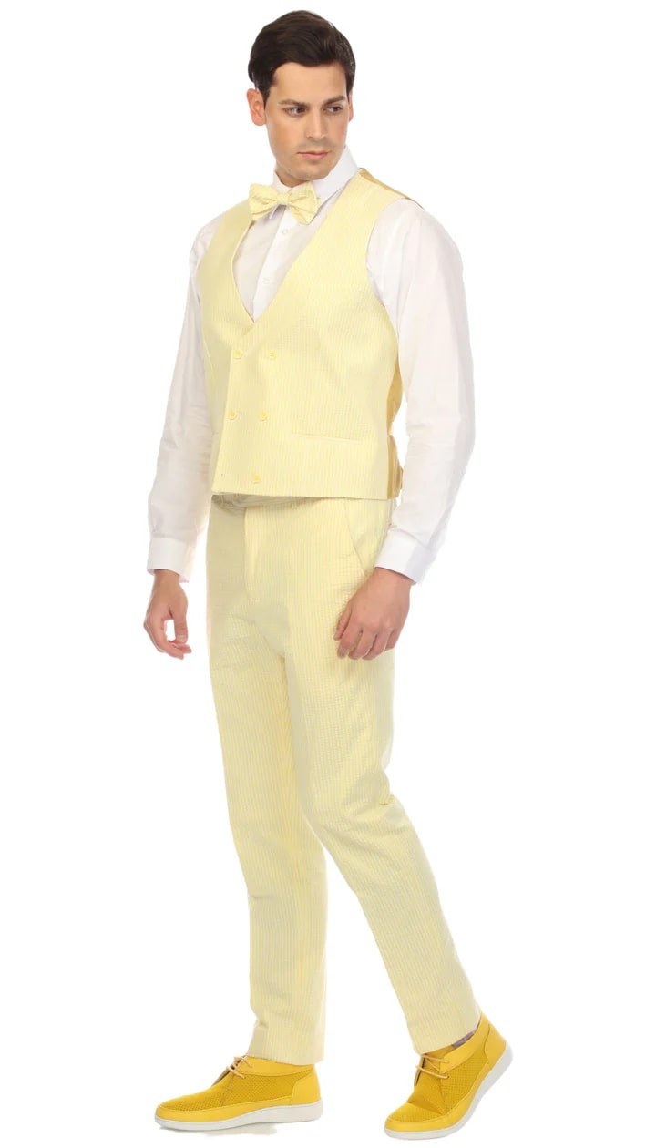 Ferrecci Cotton Slim Fit Yellow Notch Lapel 2 Button Seersucker Suit Vest Optional - 38 Short Jacket+32 Waist Adjustable 28to34)(Height: 5 4 to5 7 )(Neck 15-16.5)S-M)