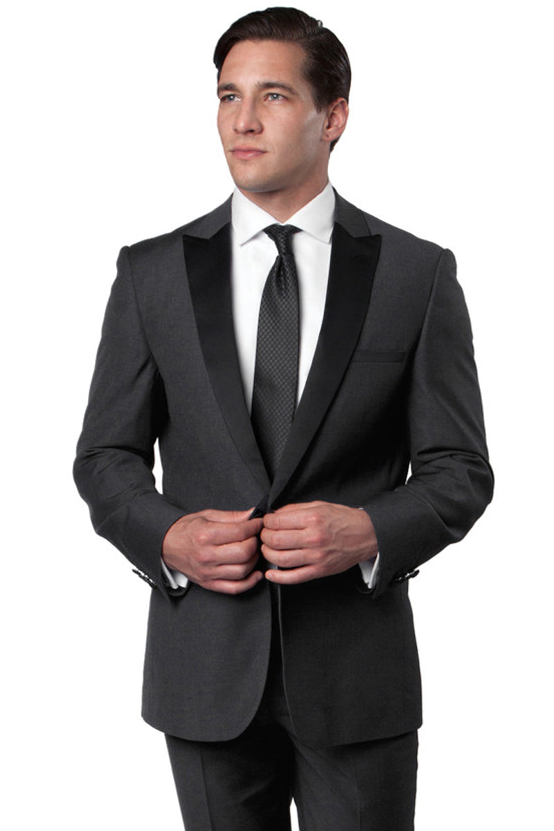 "Charcoal Grey Men's Slim Fit Wedding Tuxedo with One Button Peak Lapel" - 34 Short