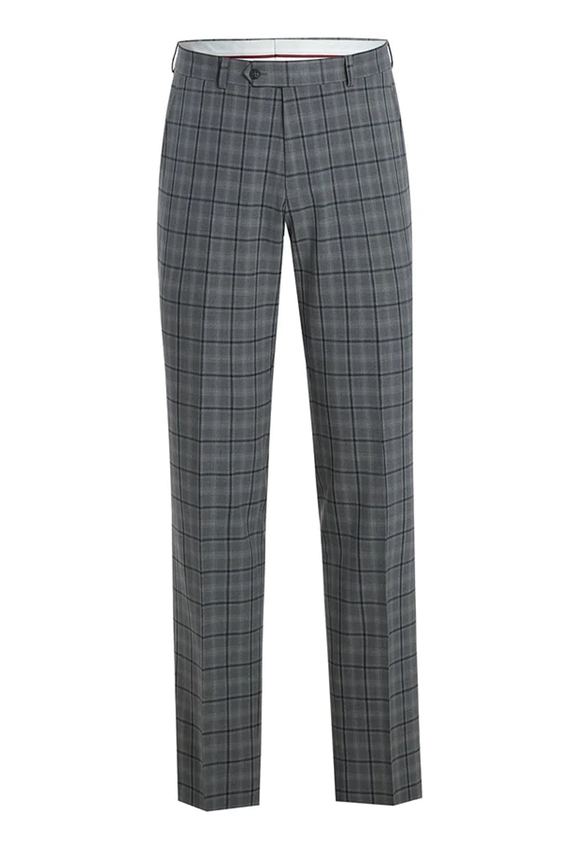 "Grey Windowpane Plaid Slim Fit Two-Button Men's Suit with Hack Pocket"