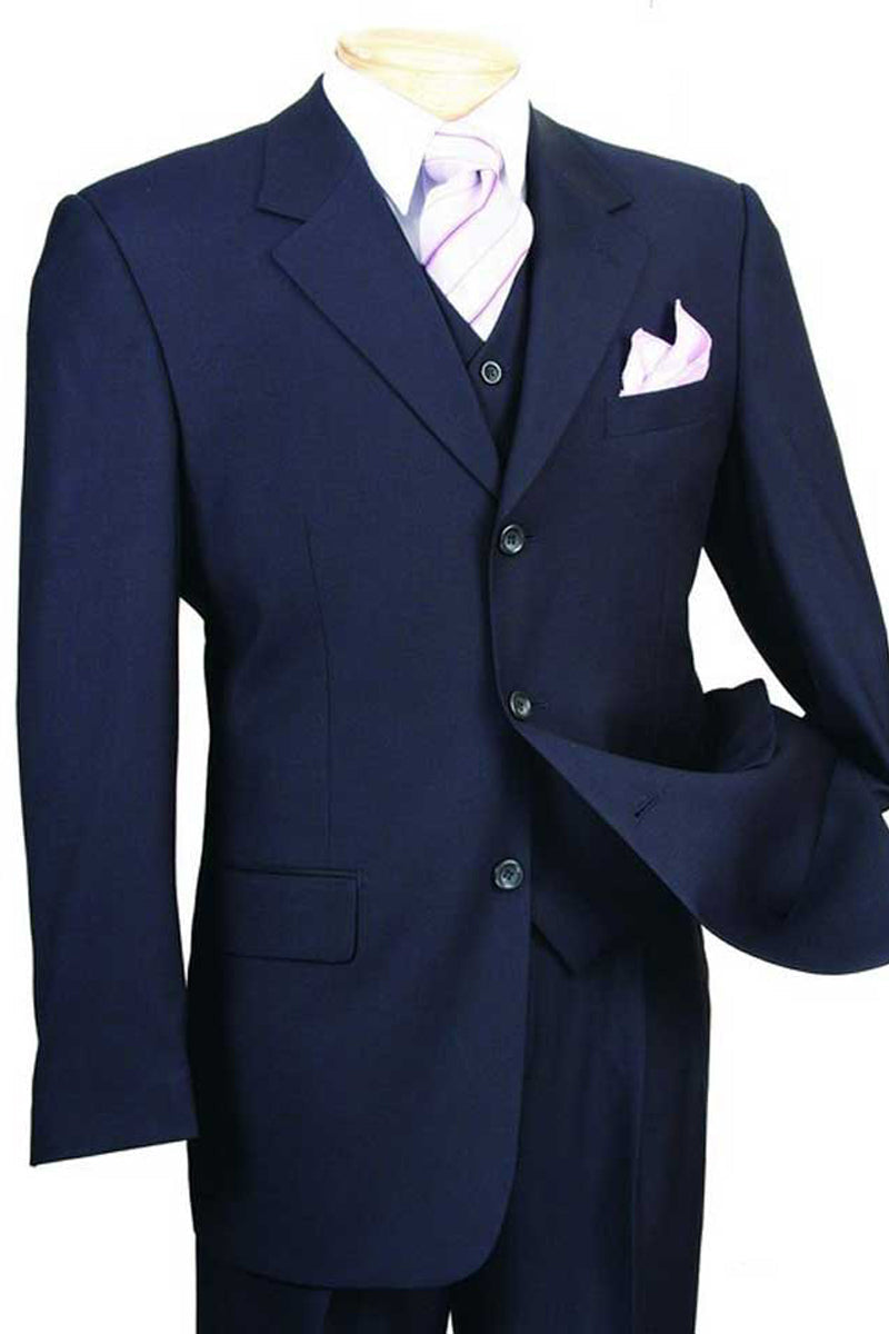 Mens 3 Button Vested Basic Wool Feel Suit in Navy - 36 Short
