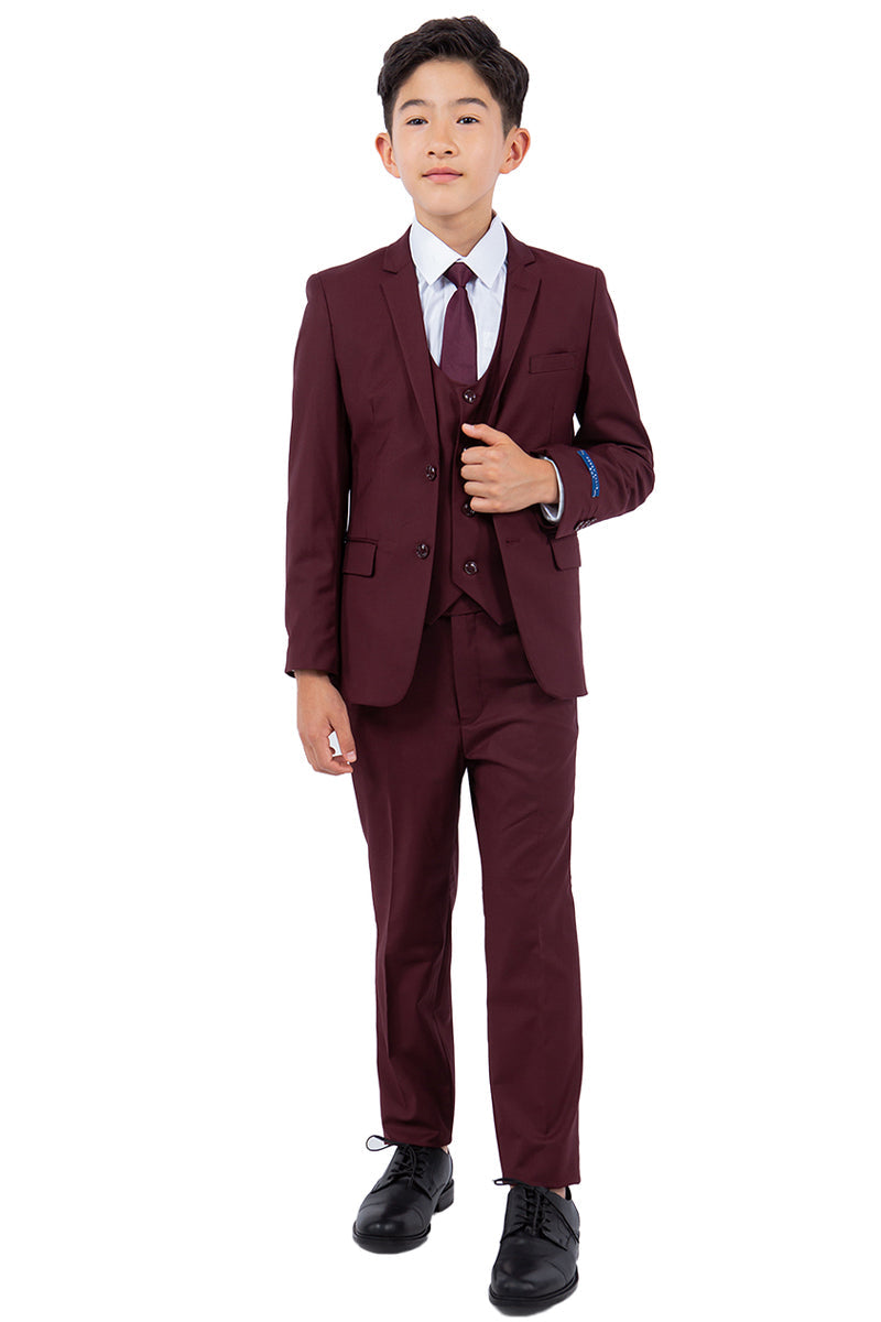 "Burgundy Perry Ellis Boy's Wedding Vested Suit" - 2