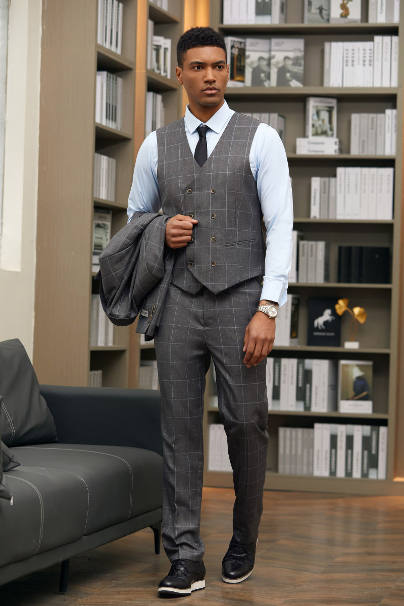 " Mens Stacy Adams Suit - Stacy Adams  Suit Men's Charcoal Windowpane Suit - One Button Peak Lapel with Vest" - 34 Short or Extra Small