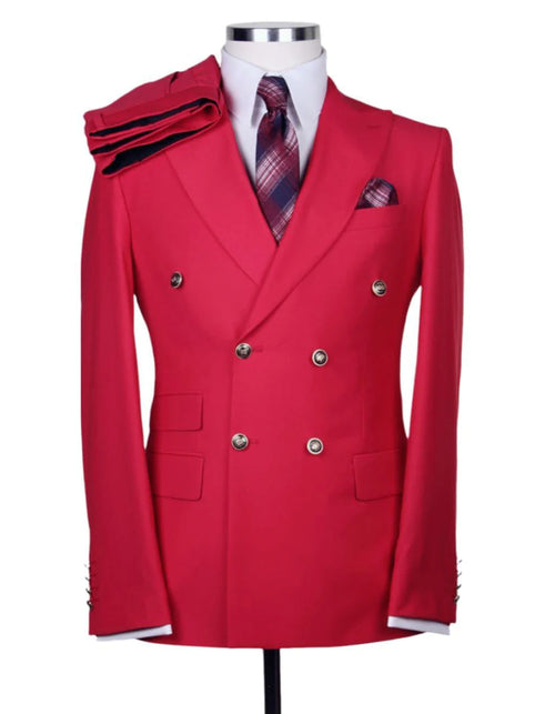 Mens Double breasted Suit - "Red" 1920s 1980s Style Peak Lapel Suits - Back Side Vented Mens Designer Modern Fit Double Breasted Wool Suit with Gold Buttons in Red