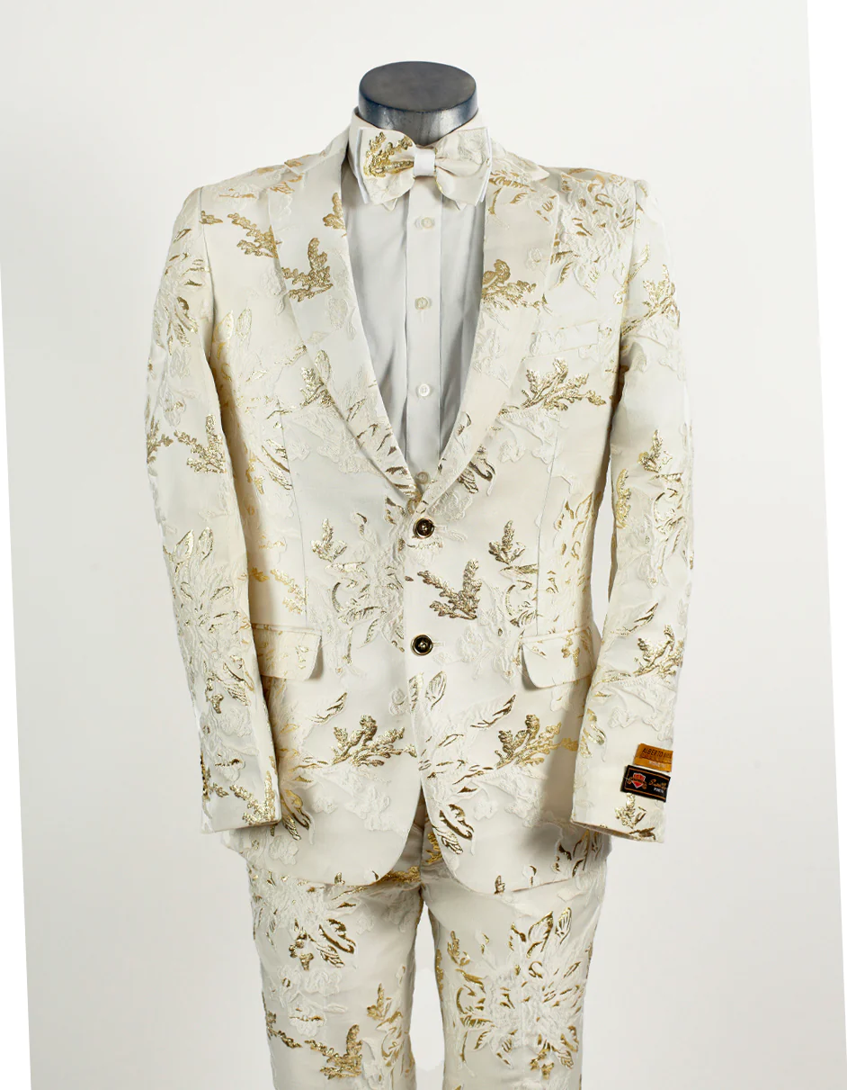 Best  Mens 2 Button White with Gold Foil Floral Paisley Prom and Wedding Tuxedo  - For Men  Fashion Perfect For Wedding or Prom or Business  or Church