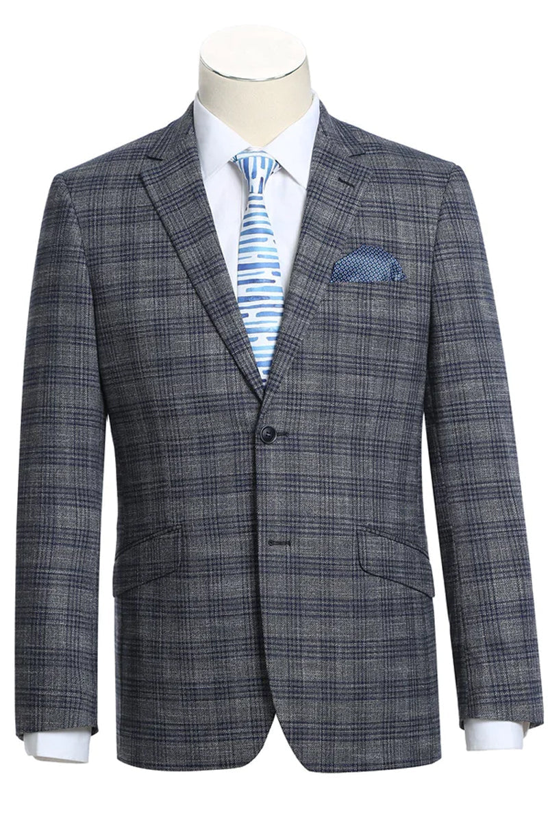 "Men's Slim Fit Two Button Sport Coat Blazer - Charcoal Grey & Blue Windowpane Plaid"