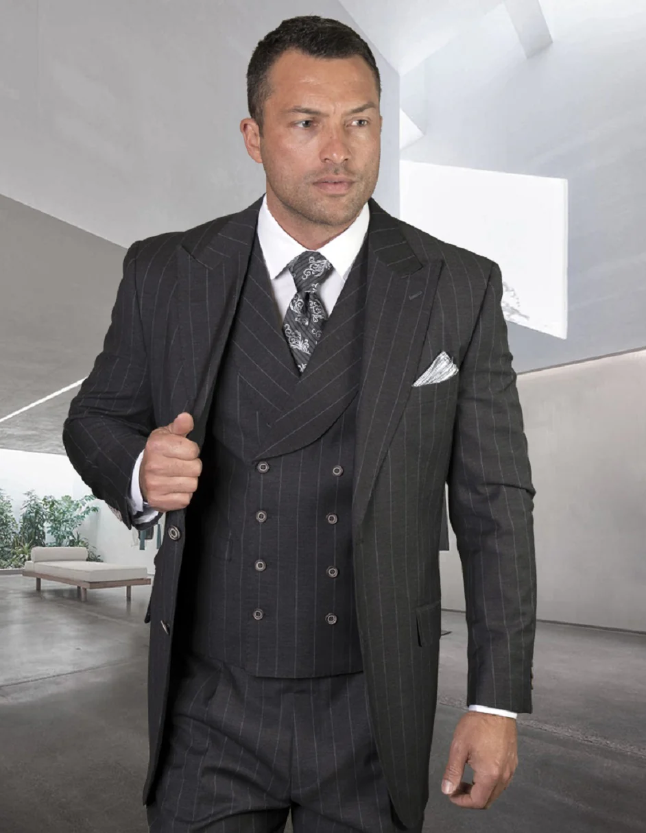 100 Percent Wool Suit - Mens Pinstripe Wool  Grey Suits