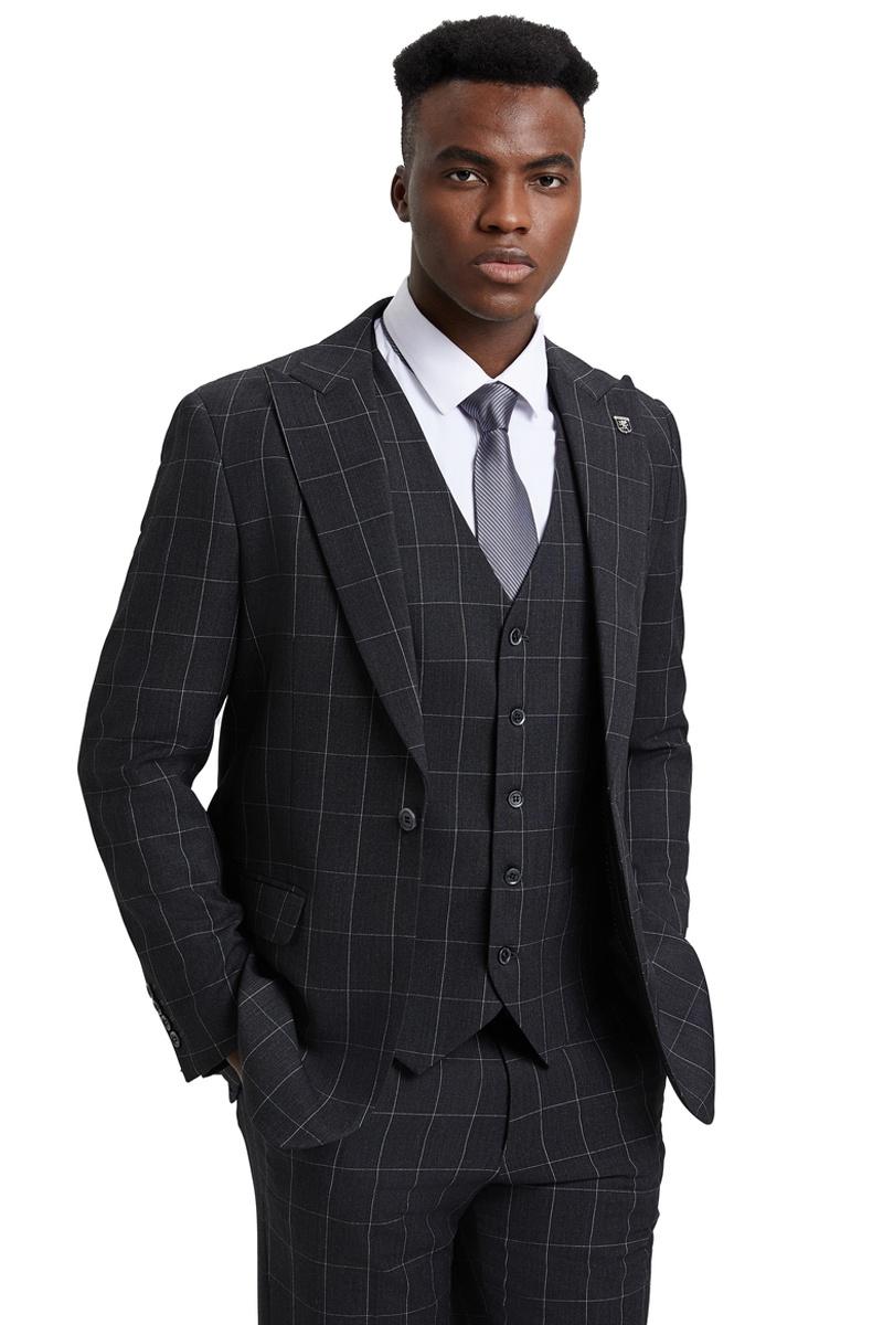 Men's Stacy Adams Vest Classic Bold Windowpane Suit in Dark Charcoal Grey - 38 Regular
