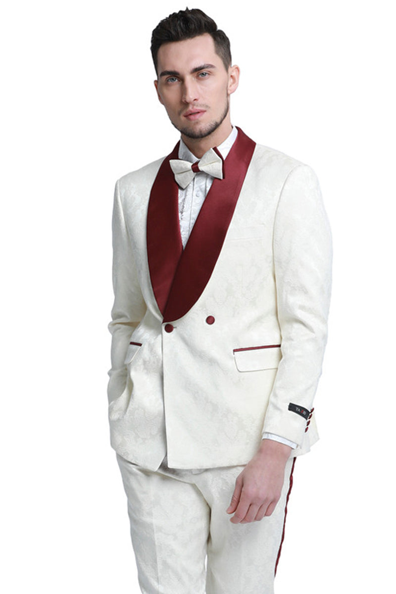 "Burgundy & Ivory Men's Slim Fit Paisley Tuxedo - Double Breasted Smoking Jacket"