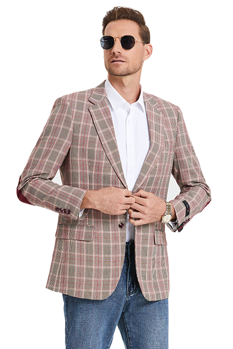 Burgundy Glen Plaid Men's Slim Fit Business Casual Sport Coat